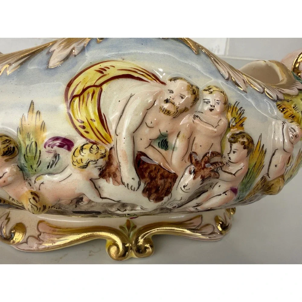 Capodimonte Italy Ceramic Centerpiece Bowl Relief Mythological Cherub Gold Gilt